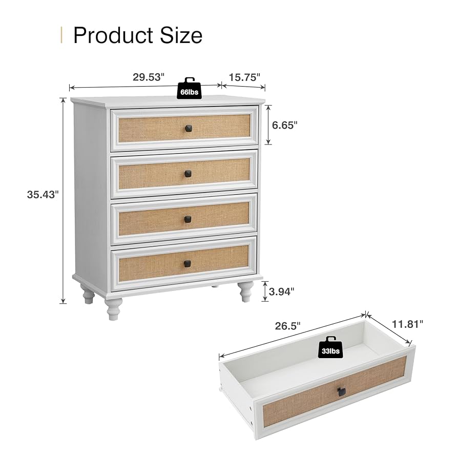 4-Drawer Modern White Farmhouse Dresser – Natural Rattan Fronts