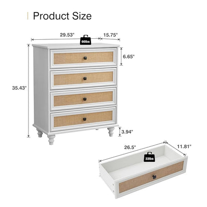 4-Drawer Modern White Farmhouse Dresser – Natural Rattan Fronts