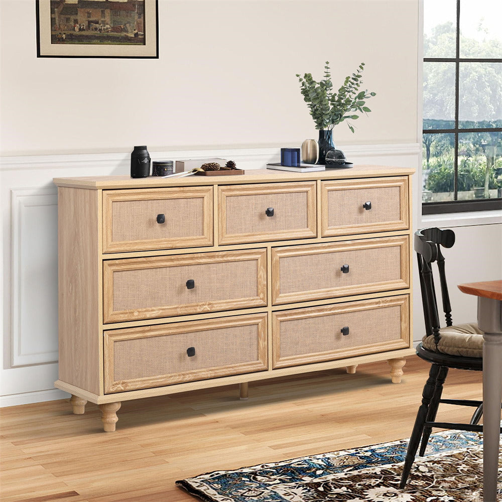 7-Drawer Modern Farmhouse Dresser – Natural Rattan Fronts