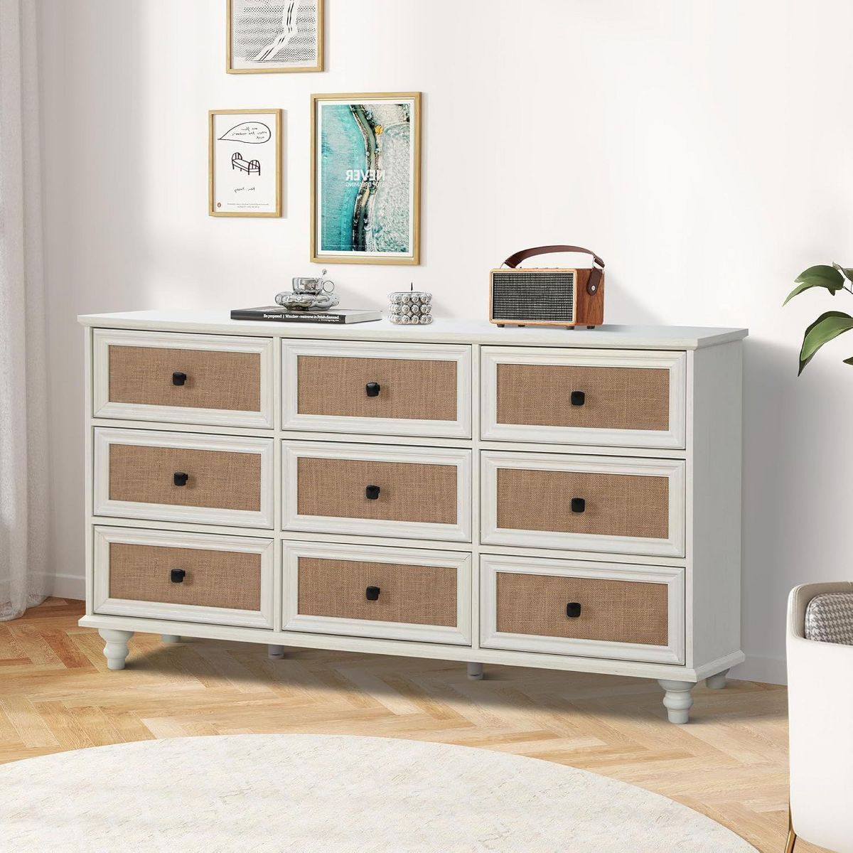 9-Drawer Modern White Farmhouse Dresser – Natural Rattan Fronts