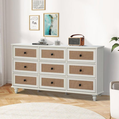 9-Drawer Modern White Farmhouse Dresser – Natural Rattan Fronts