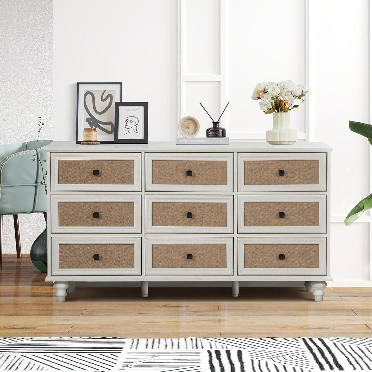 9-Drawer Modern White Farmhouse Dresser – Natural Rattan Fronts