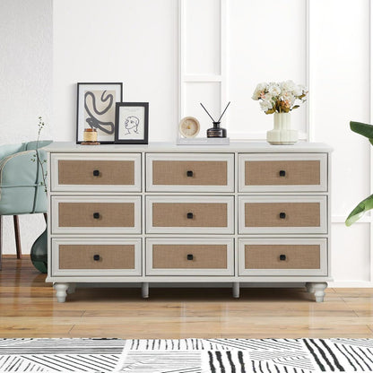 9-Drawer Modern White Farmhouse Dresser – Natural Rattan Fronts