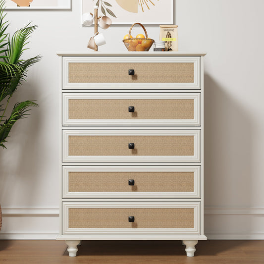 5-Drawer Modern White Farmhouse Dresser – Natural Rattan Fronts