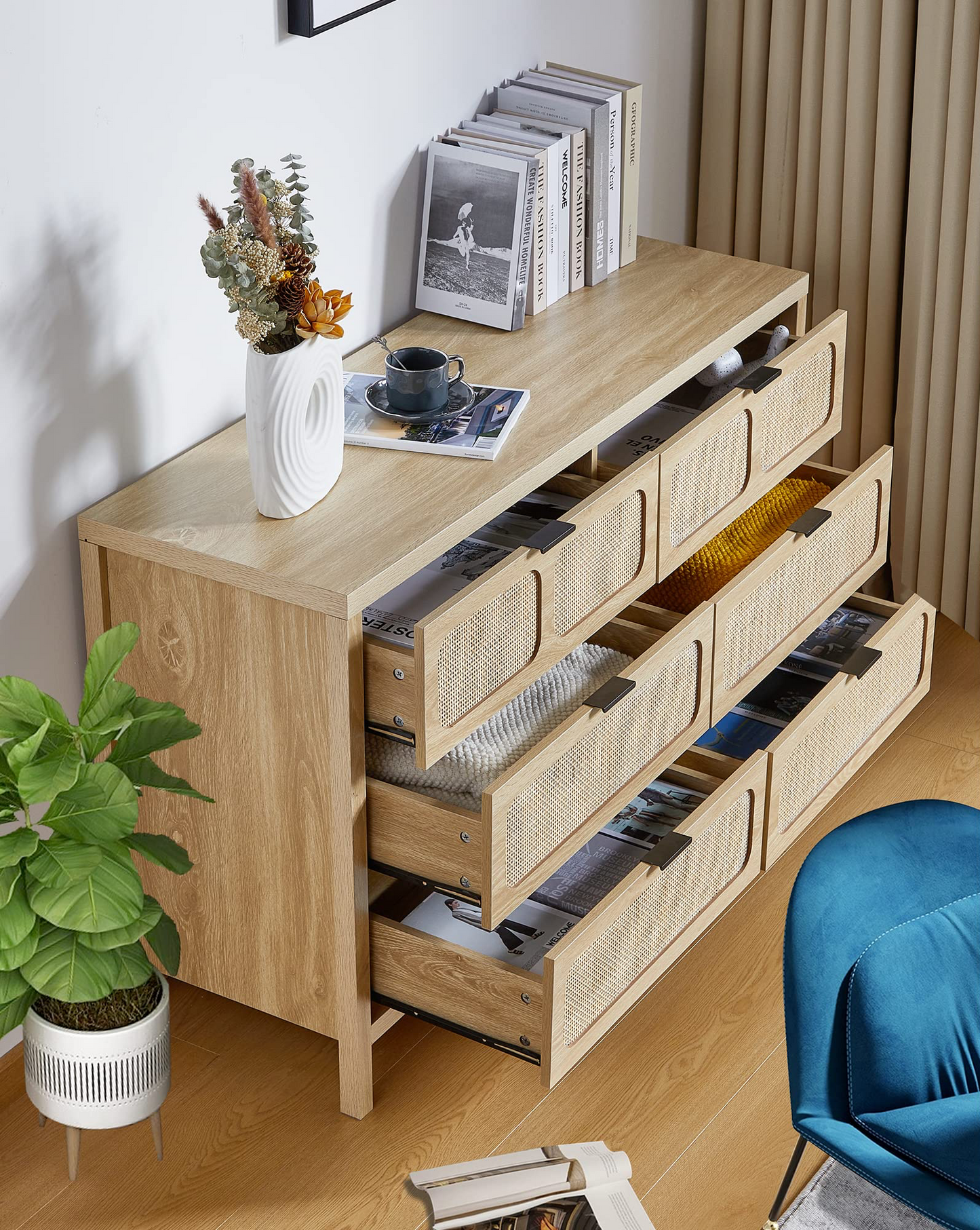 Modern Rattan 6 Drawer Dresser - dimensions and size