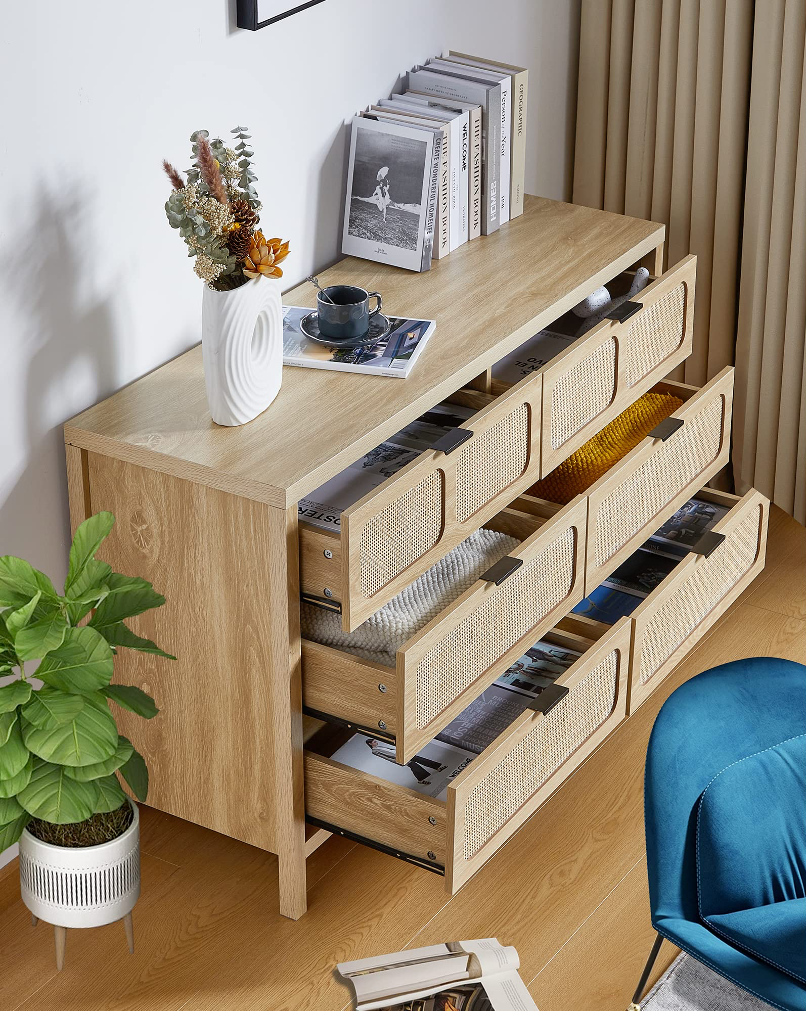 Modern Rattan 6 Drawer Dresser - dimensions and size