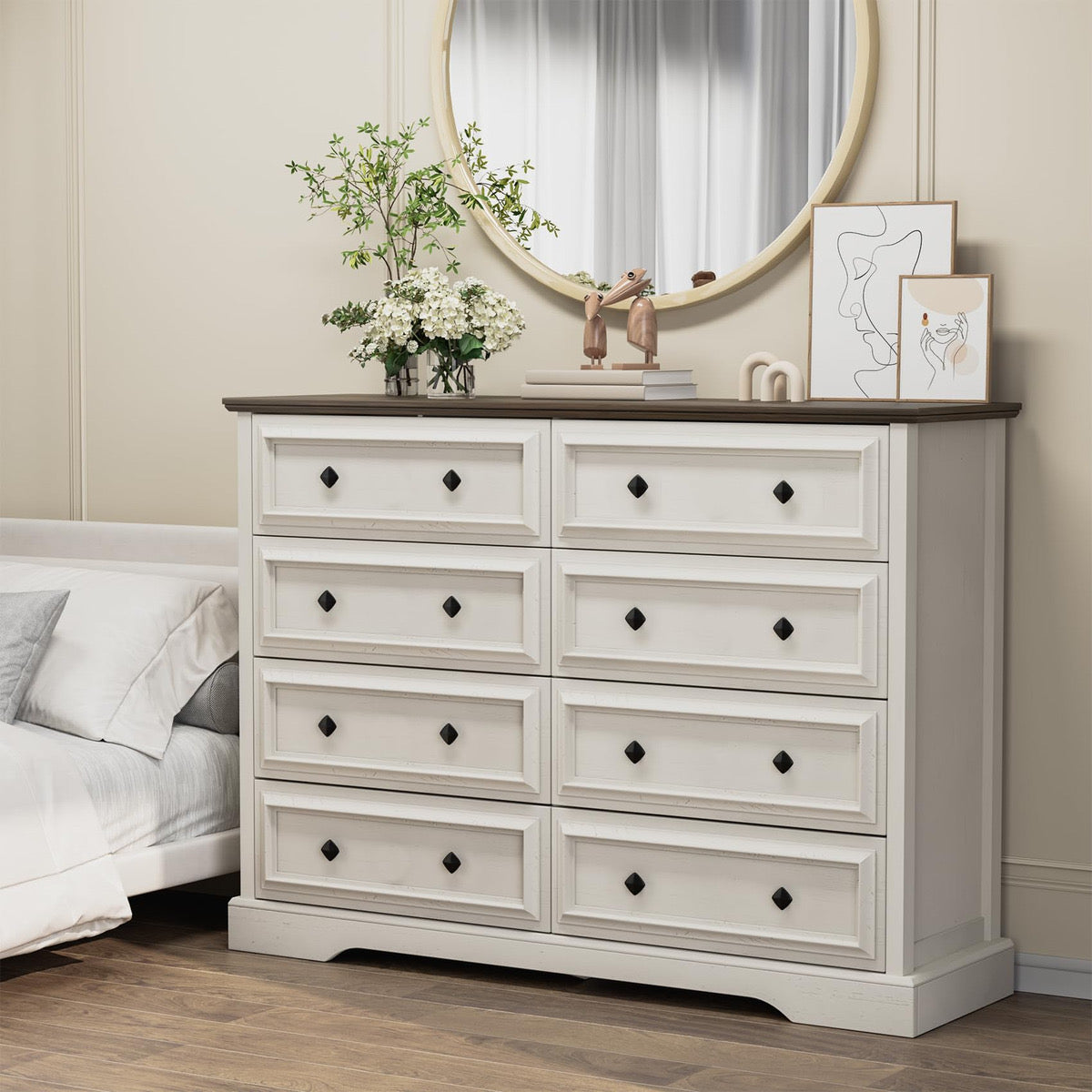 Antique White Modern Farmhouse 8-Drawer Dresser | Two-Tone Bedroom Furniture