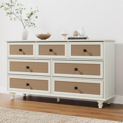 7-Drawer Modern White Farmhouse Dresser – Natural Rattan Fronts