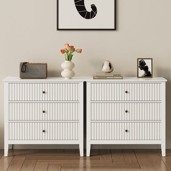 White Fluted Oversized Nightstands - Set of 2 | Modern Bedroom Furniture