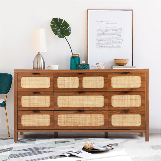 Brown Rattan 9-Drawer Dresser | Modern Farmhouse Bedroom Storage