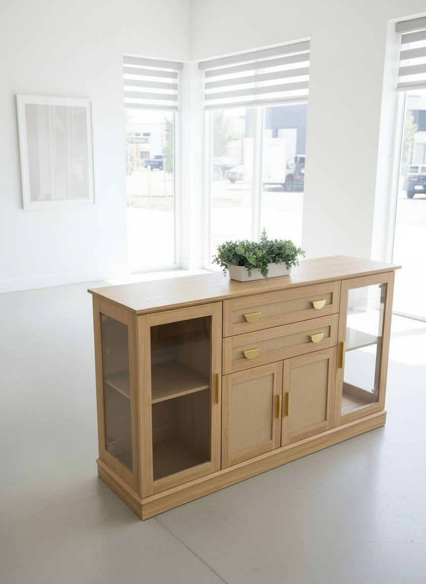 Natural Tan Glass Sideboard Cabinet