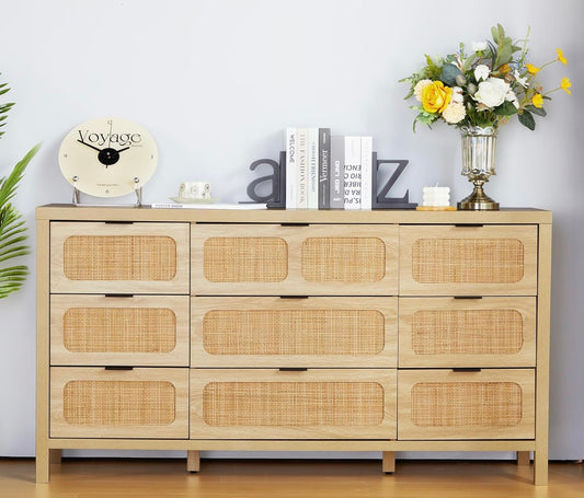 Modern Rattan 9-Drawer Dresser – Natural Style, Maximum Storage