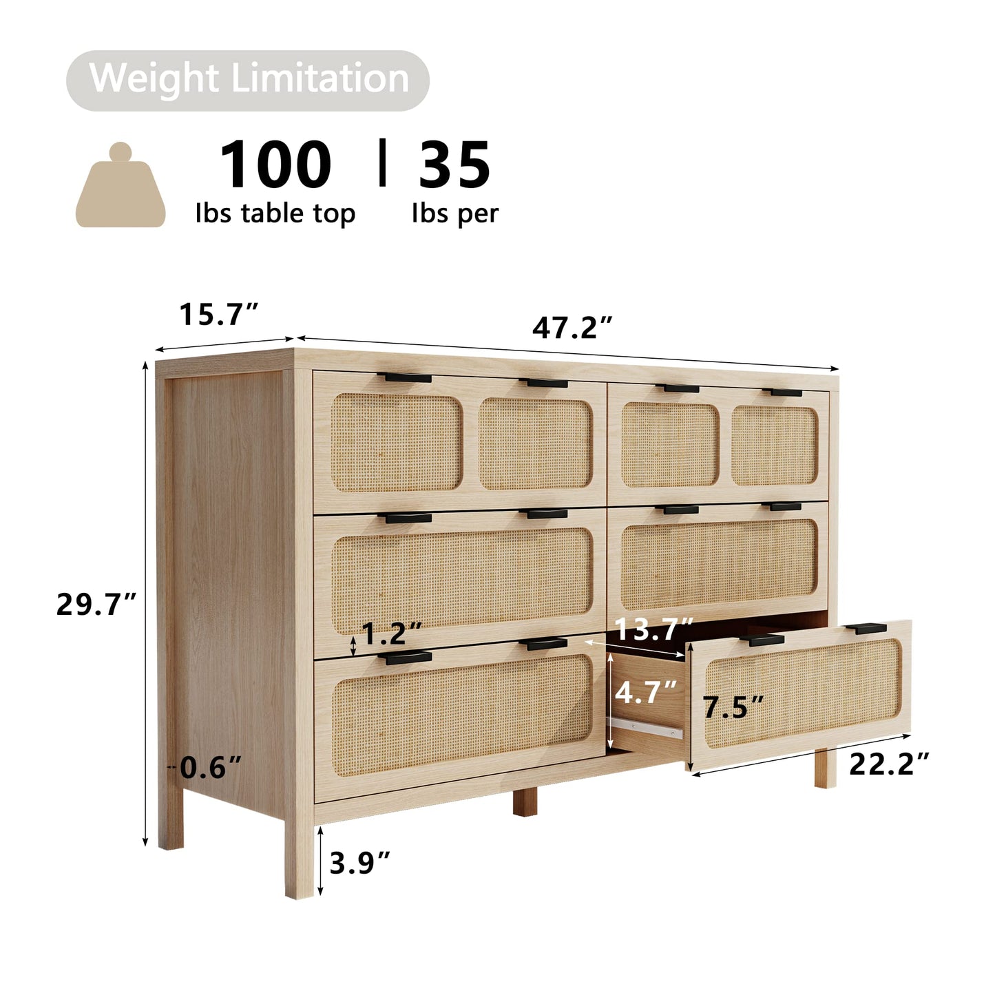 Modern Rattan 6 Drawer Dresser - detail close-up