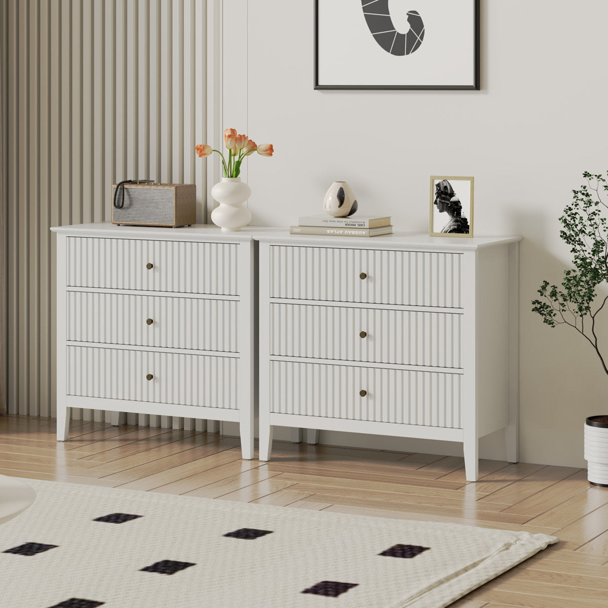 White Fluted Oversized Nightstands - Set of 2 | Modern Bedroom Furniture
