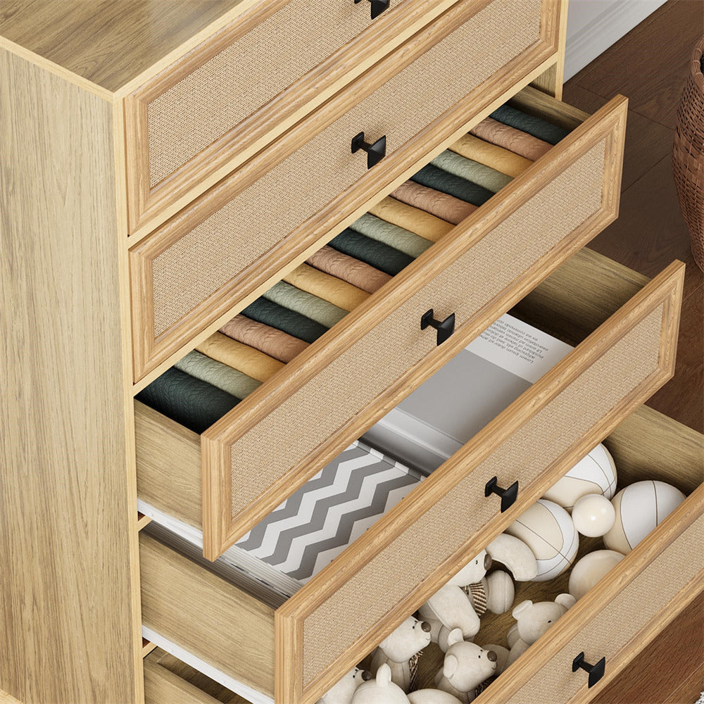 5-Drawer Modern Farmhouse Dresser – Natural Rattan Fronts