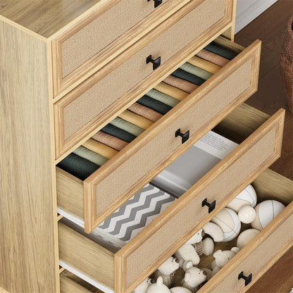 5-Drawer Modern Farmhouse Dresser – Natural Rattan Fronts