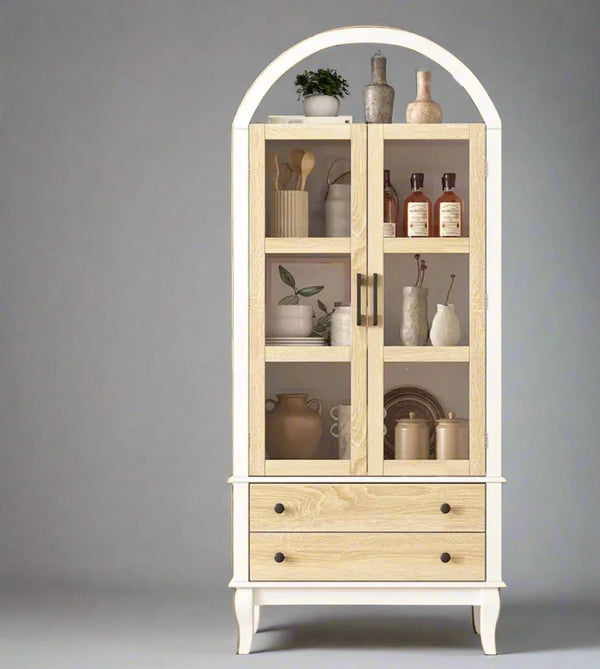 71" Arched Storage Cabinet – Glass Doors & Drawer Storage