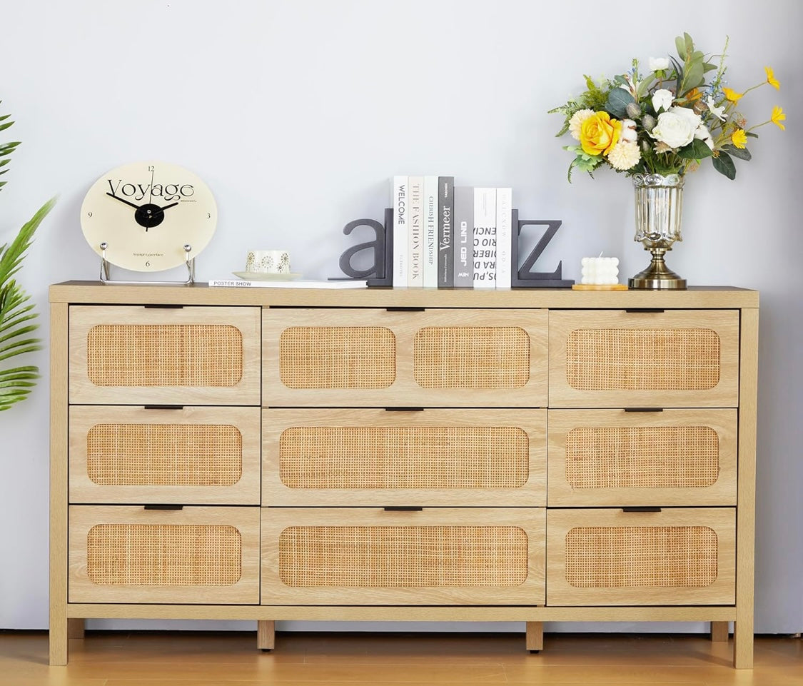 9-Drawer Dresser with Rattan Fronts – 58” Wide