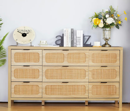 9-Drawer Dresser with Rattan Fronts – 58” Wide