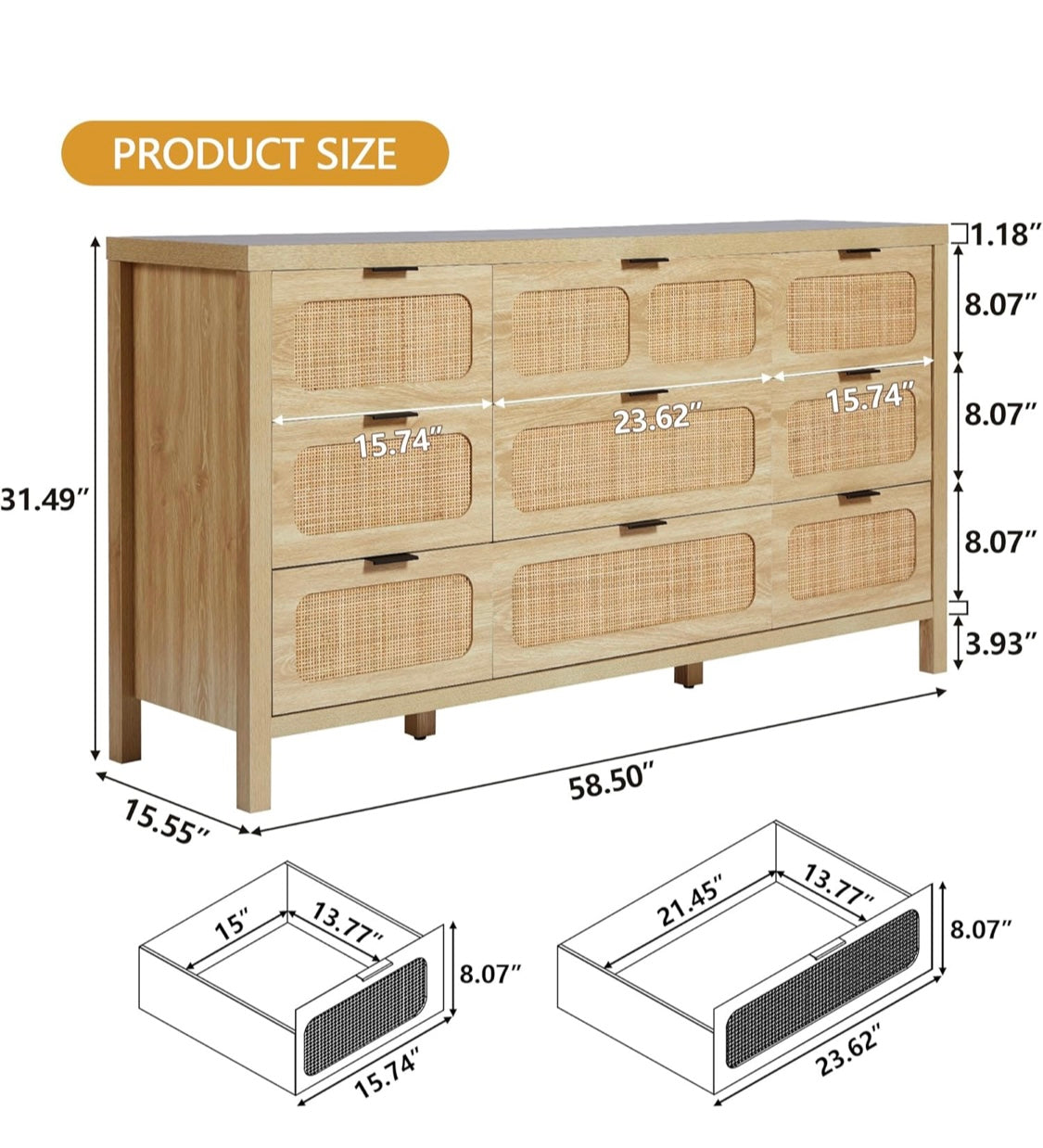 9-Drawer Dresser with Rattan Fronts – 58” Wide