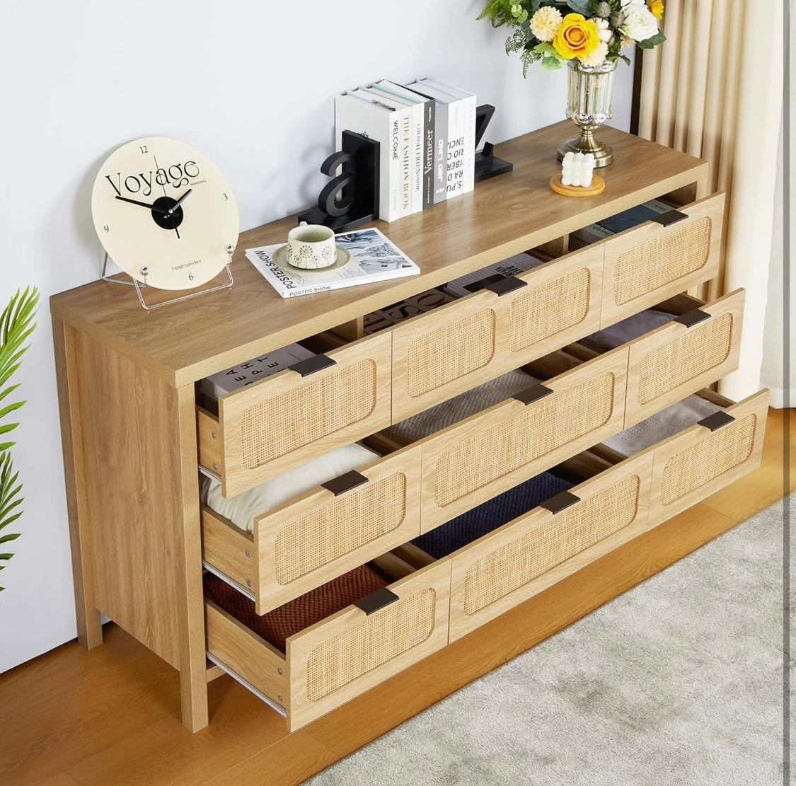 9-Drawer Dresser with Rattan Fronts – 58” Wide