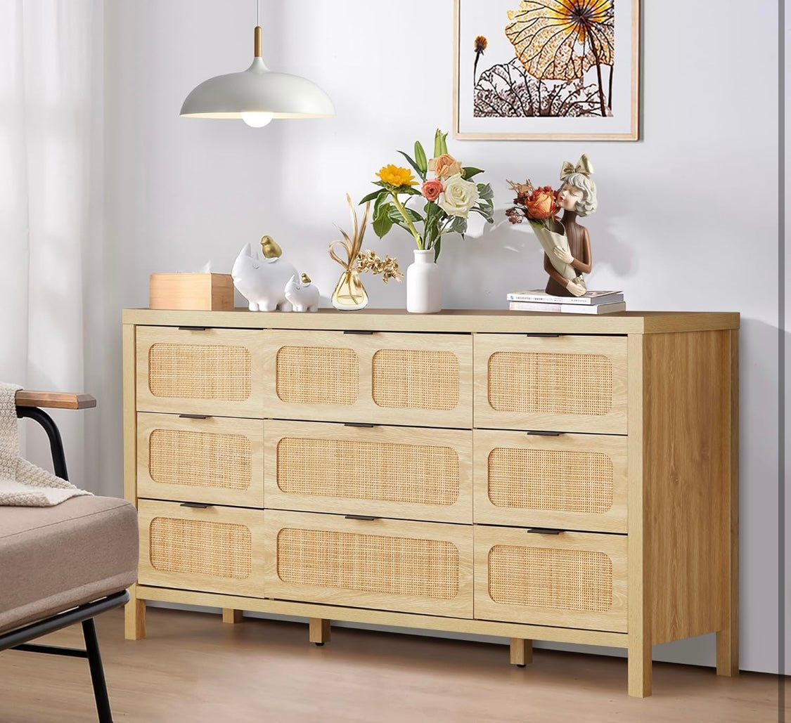 9-Drawer Dresser with Rattan Fronts – 58” Wide