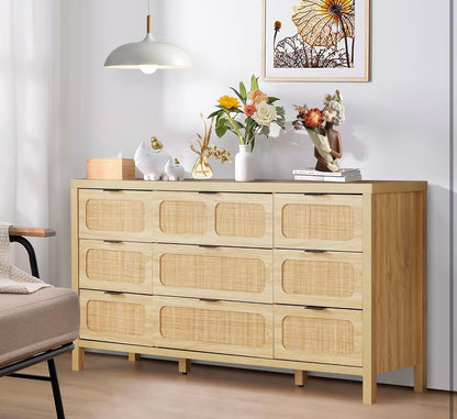 9-Drawer Dresser with Rattan Fronts – 58” Wide