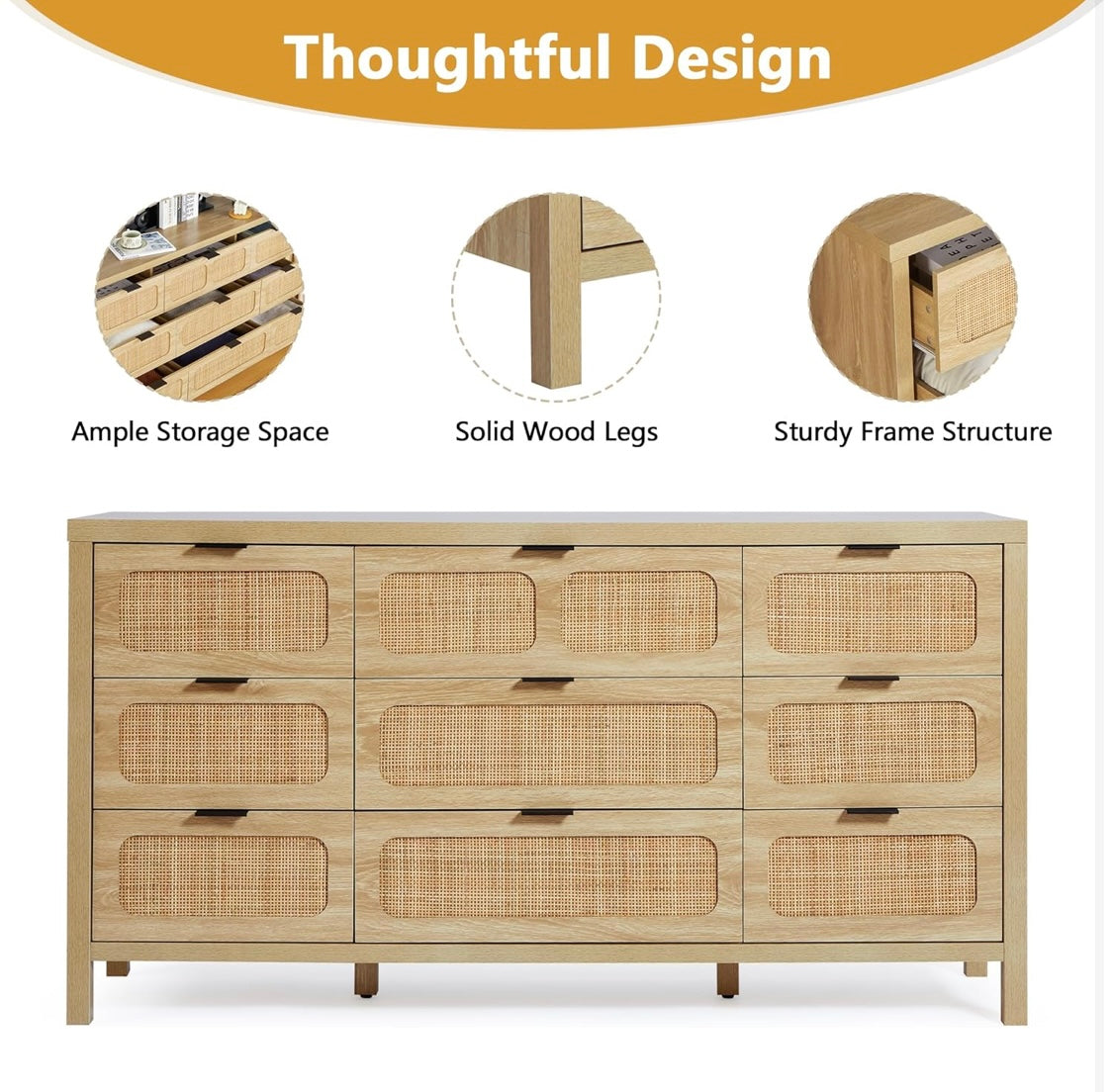 9-Drawer Dresser with Rattan Fronts – 58” Wide
