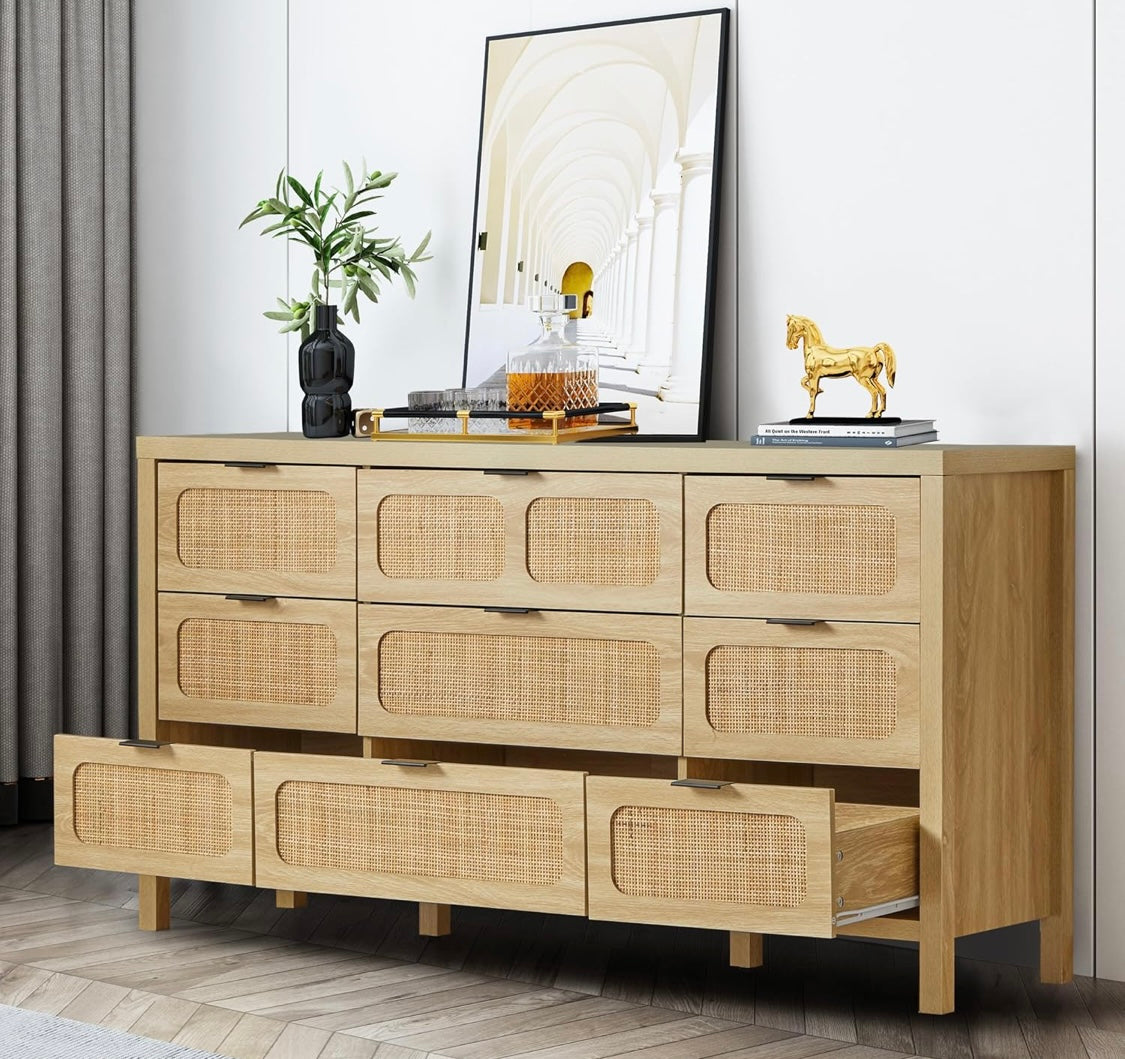 9-Drawer Dresser with Rattan Fronts – 58” Wide