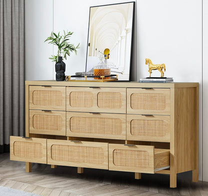 9-Drawer Dresser with Rattan Fronts – 58” Wide