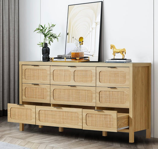 9-Drawer Dresser with Rattan Fronts – 58” Wide