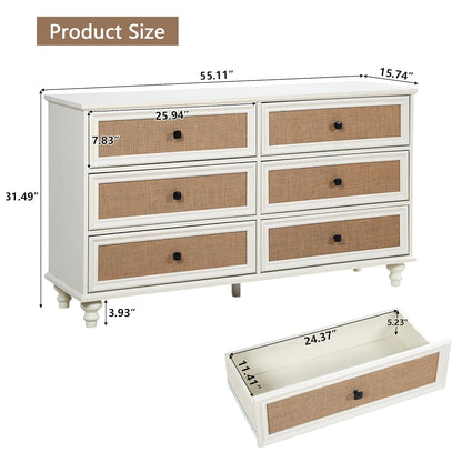 6-Drawer Modern White Farmhouse Dresser – Natural Rattan Fronts