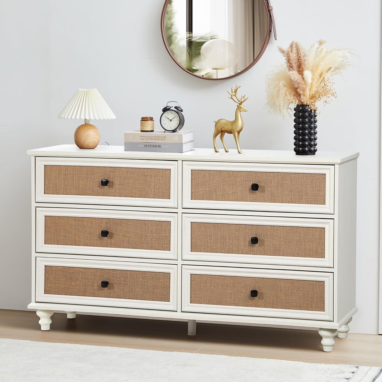 6-Drawer Modern White Farmhouse Dresser – Natural Rattan Fronts