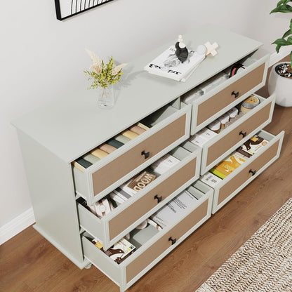 6-Drawer Modern White Farmhouse Dresser – Natural Rattan Fronts