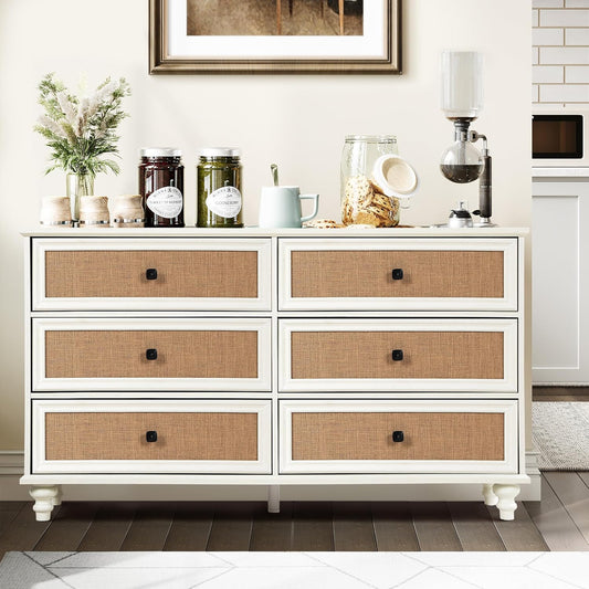 6-Drawer Modern White Farmhouse Dresser – Natural Rattan Fronts