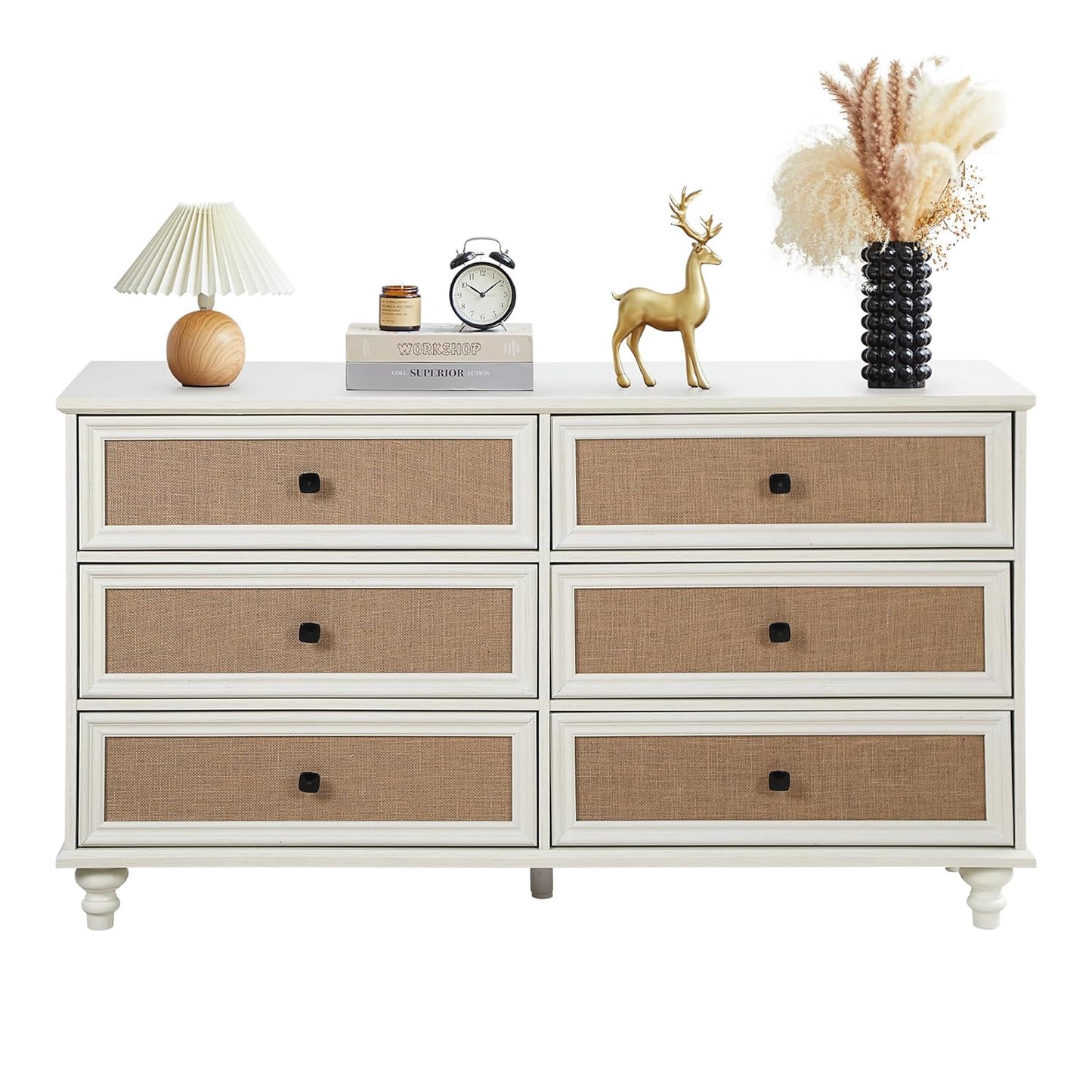 6-Drawer Modern White Farmhouse Dresser – Natural Rattan Fronts