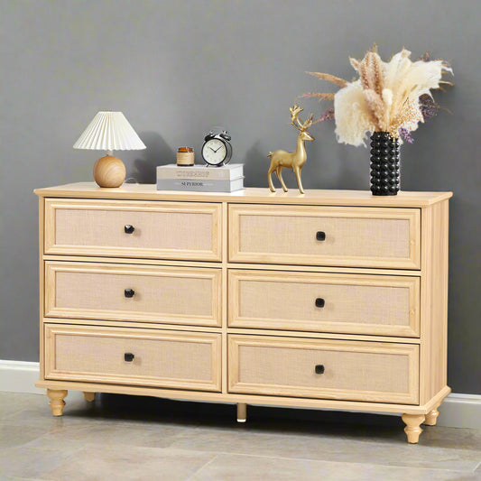 6-Drawer Modern Farmhouse Dresser – Natural Rattan Fronts