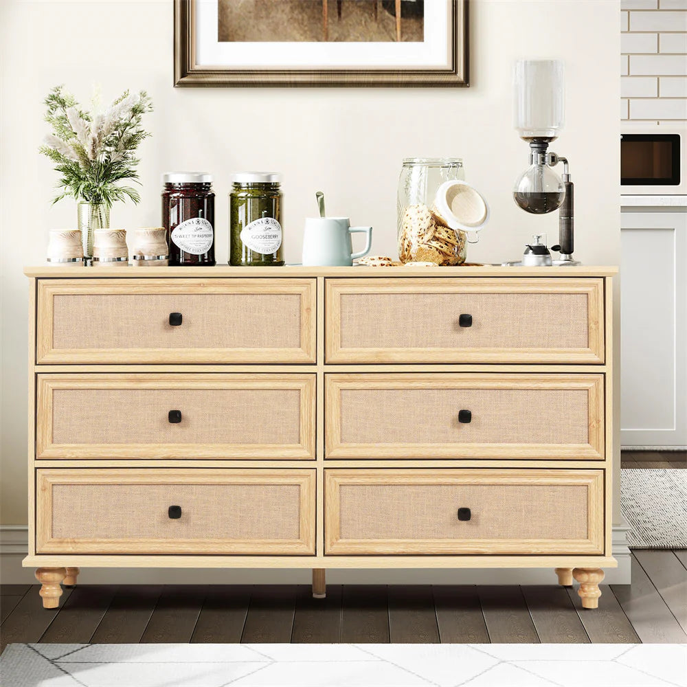 6-Drawer Modern Farmhouse Dresser – Natural Rattan Fronts