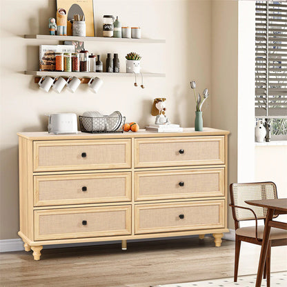 6-Drawer Modern Farmhouse Dresser – Natural Rattan Fronts