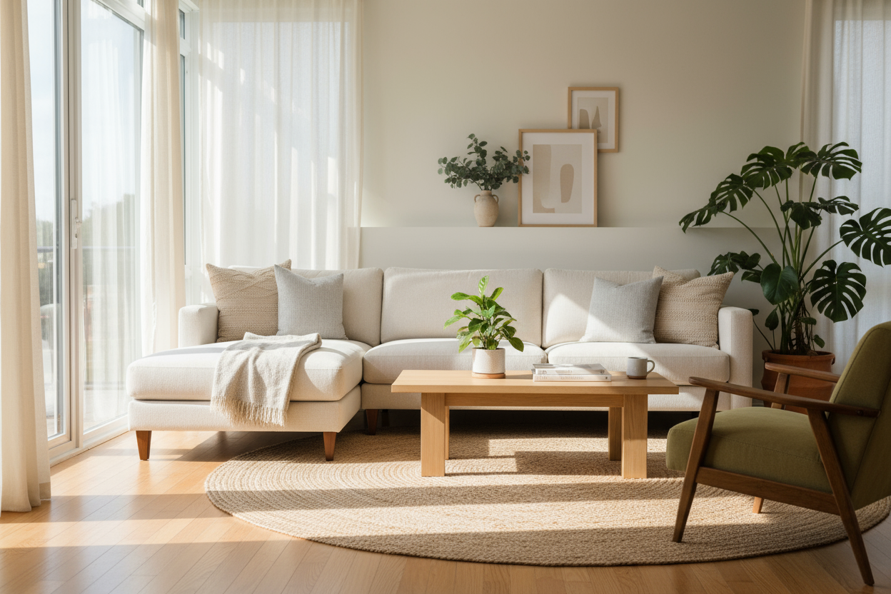 I want to create a hero image that instantly inspires trust and desire to buy, centered around our furniture products. The image should capture the feeling of a modern, welcoming home — clean, warm, and authentic — showcasing our furniture in a natural setting that reflects quality, comfort, and style.

The goal is to make viewers feel confident about purchasing from us by pairing visual trust signals (bright lighting, real spaces, natural textures) with a strong emotional appeal that says, “This is furnitu